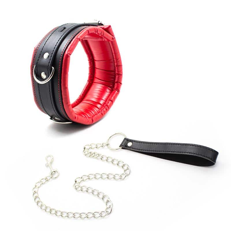 Collar-With-Metal-Leash-Padded-Interior-RedBlack Collar With Metal Leash Padded Interior Red/Black - Image 1