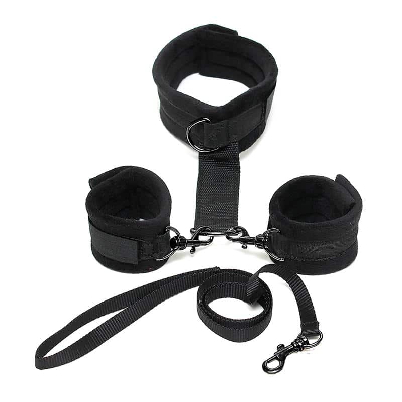 Handcuffs-to-Collar-with-Leash-Adjustable-Black Handcuffs to Collar with Leash Adjustable Black - Image 1