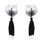Self-Adhesive Heart Sequin Nipple Cover with Tassel Silver/Black